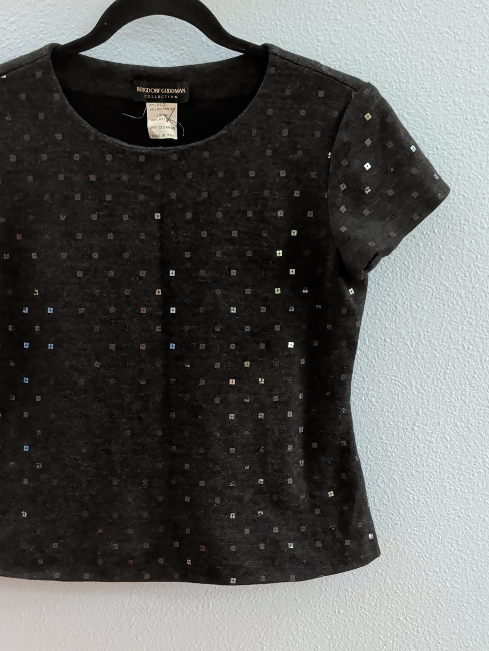 Bergdorf Goodman Black Short-Sleeve Sequin Wool Blend Designer Top